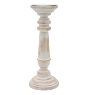 "Round Wood Pillar Candle Holder, Antique White"