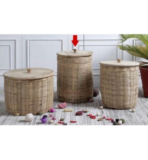 "Hand-Woven Rattan Stoage Basket With Mango Wood Lid, Medium"