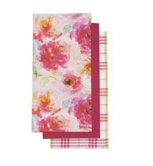 Peony Floral Tea Towel S/3 Pink