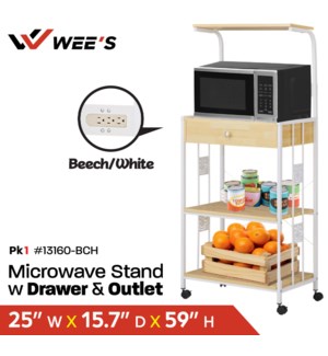 Microwave Stand w Drawer & Outlet (Beech/Wht)