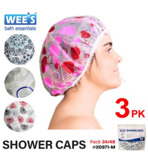 Shower Caps Printed PEVA 3Pc Assorted Prints