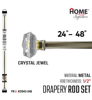 Curtain Rod Crystal Jewel 24-48"(1/2") Silver