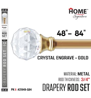 Curtain Rod Crystal Engrave 48-84"(3/4") Gold