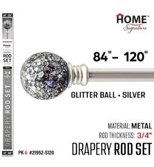 Curtain Rod Glitter Ball 84-120"(3/4") Silver