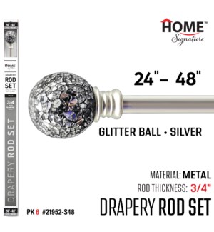 Curtain Rod Glitter Ball 24-48"(3/4") Silver