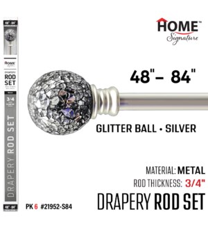 Curtain Rod Glitter Ball 48-84"(3/4") Silver