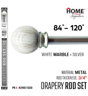 Curtain Rod White Marble 84-120"(3/4") Silver