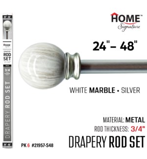 Curtain Rod White Marble 24-48"(3/4") Silver