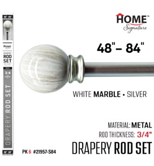 Curtain Rod White Marble 48-84"(3/4") Silver