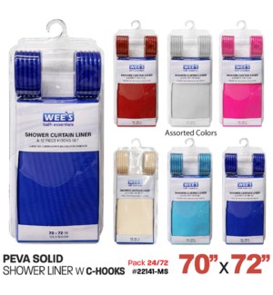 Shower Liner w C-Hooks 70x72" PEVASolid Asstd Colors