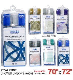 Shower Liner w C-Hooks 70x72" PEVA Printed Asstd Prints