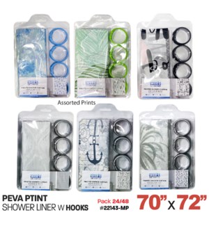 Shower Curtain w Hooks 70x72" PEVA Printed Asstd Prints