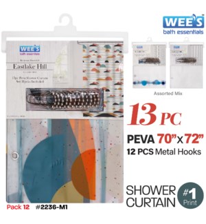 Shower Curtain w 12 Metal Hooks 70 x 72" Printed PEVA Assorted Mix #1