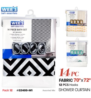 Shower Curtain/PEVA Solid Liner w 12 C-Hooks Polyester PrintedAssorted 70x72" 14Pc Set