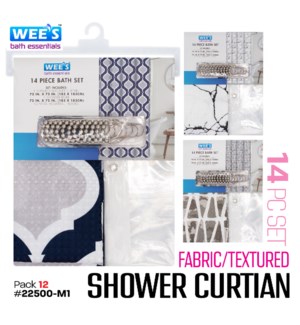 Shower Curtain w Liner & 12Pc Metal Hooks 14Pc Set Waffle Fabric/Textured Mix #1 (Geo)