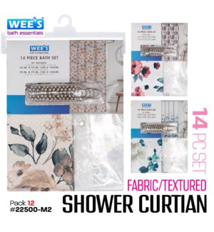 Shower Curtain w Liner & Hooks 14Pc Set Waffle Fabric/Textured