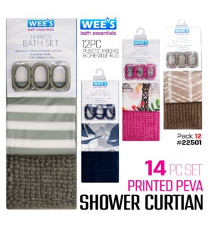 Shower Curtain w 12Pc Plastic Hooks & Chenille Rug 14Pc Set PEVA Printed