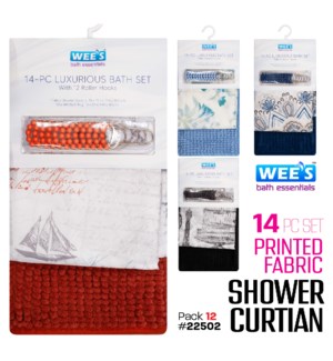 Shower Curtain w 12Pc Metal Hooks & Chenille Rug 14Pc Set Fabric Printed