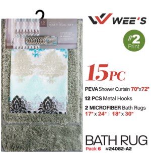 Bath Rug Set 15Pc Damask (Teal/Sage)