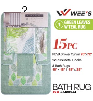 Bath Rug Set #1 15Pc Green Leaves w Teal Rug