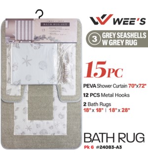 Bath Rug Set #3 15Pc Grey Seashells w Grey Rug