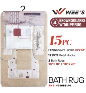 Bath Rug Set #4 15Pc Brown Squares w Taupe Rug