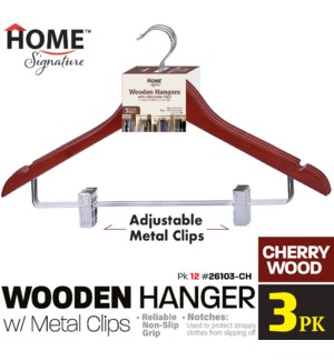 Hanger w Metal Clips 3Pk Wooden Cherry Wood