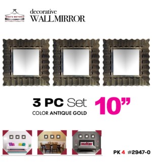 Mirror Wall Decorative 3Pc Set Square Antique Gold (3x10")