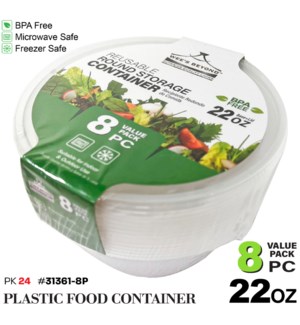 Plastic Food Container Round 22oz 8Pc