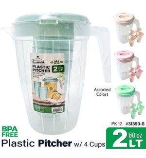 Pitcher Plastic w 4 Cups 2Lt Asstd Colors