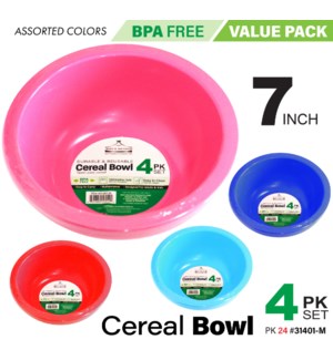 Cereal Bowl Set 4Pk 7 x 7 x 2.5" Asstd Colors