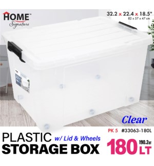 Plastic Storage Box w Wheels - Clear 180Lt