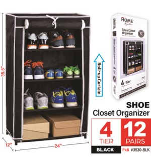 Shoe Closet w/Roll-up curtain 4 Tier Black