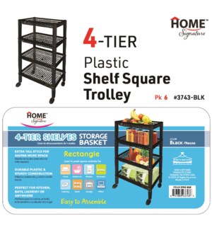 Plastic Shelf Square Trolley 4 Tier Black