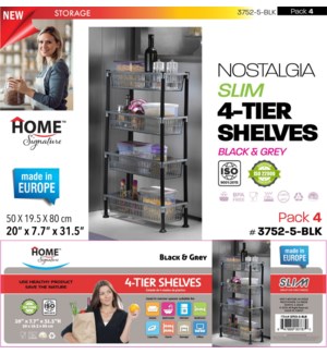 Plastic Shelf Rectangular Slim 4Tier Blk/Grey