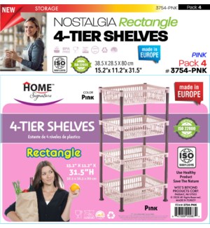 Plastic Shelf Rectangular Slim 4 Tier Pink