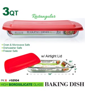 Glass Baking Dish w Lid Rect 101oz-3.2Qt