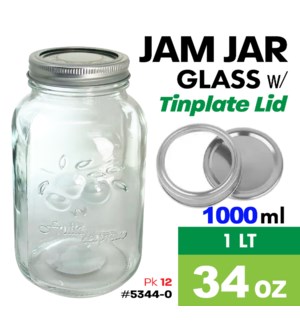 Glass Mason Jar w Tinplate Lid 34oz - 1Lt