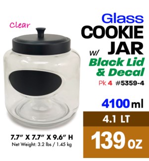 Glass Cookie Jar 135oz - 4.1Lt Black Lid