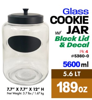 Glass Cookie Jar 189oz - 5.6Lt Black Lid