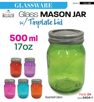 Glass Mason Jar w Tinpplate Lid 17oz Colored