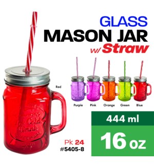 Glass Mason Jar w Handle & Straw 16oz Colored