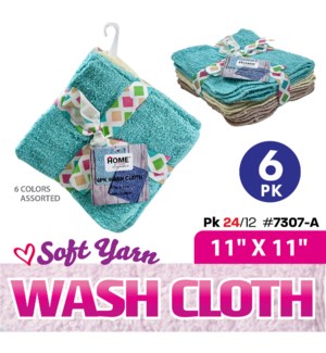 Washcloths 11x11" Solid Colors 6Pk