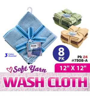 Washcloths 12x12" Solid Colors 8Pk