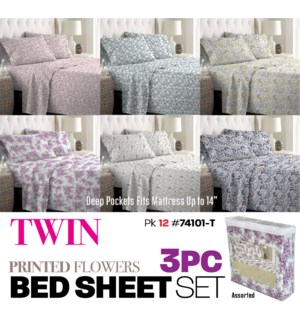 Bed Sheet Set Twin Flower-A Designs 3Pc