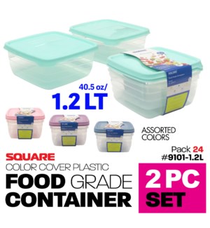 Plastic Food Container Square 40.5oz-1.2Lt 2Pk Asstd Colors