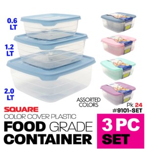 Plastic Food Container Square(.6+1.2+2Lt) 3Pc Asstd Colors