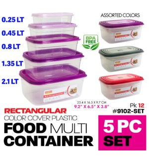 Plastic Food Container Rectangular 5Pc Asstd Colors