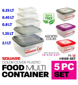 Plastic Food Container Square 5Pc Set - Asstd Colors