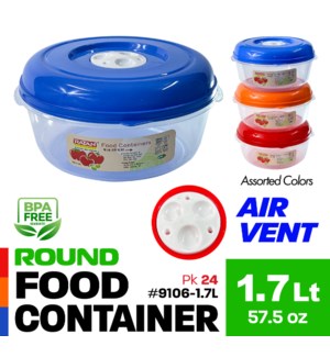 Plastic Food Container Round 57.5oz-1.7Lt Asstd